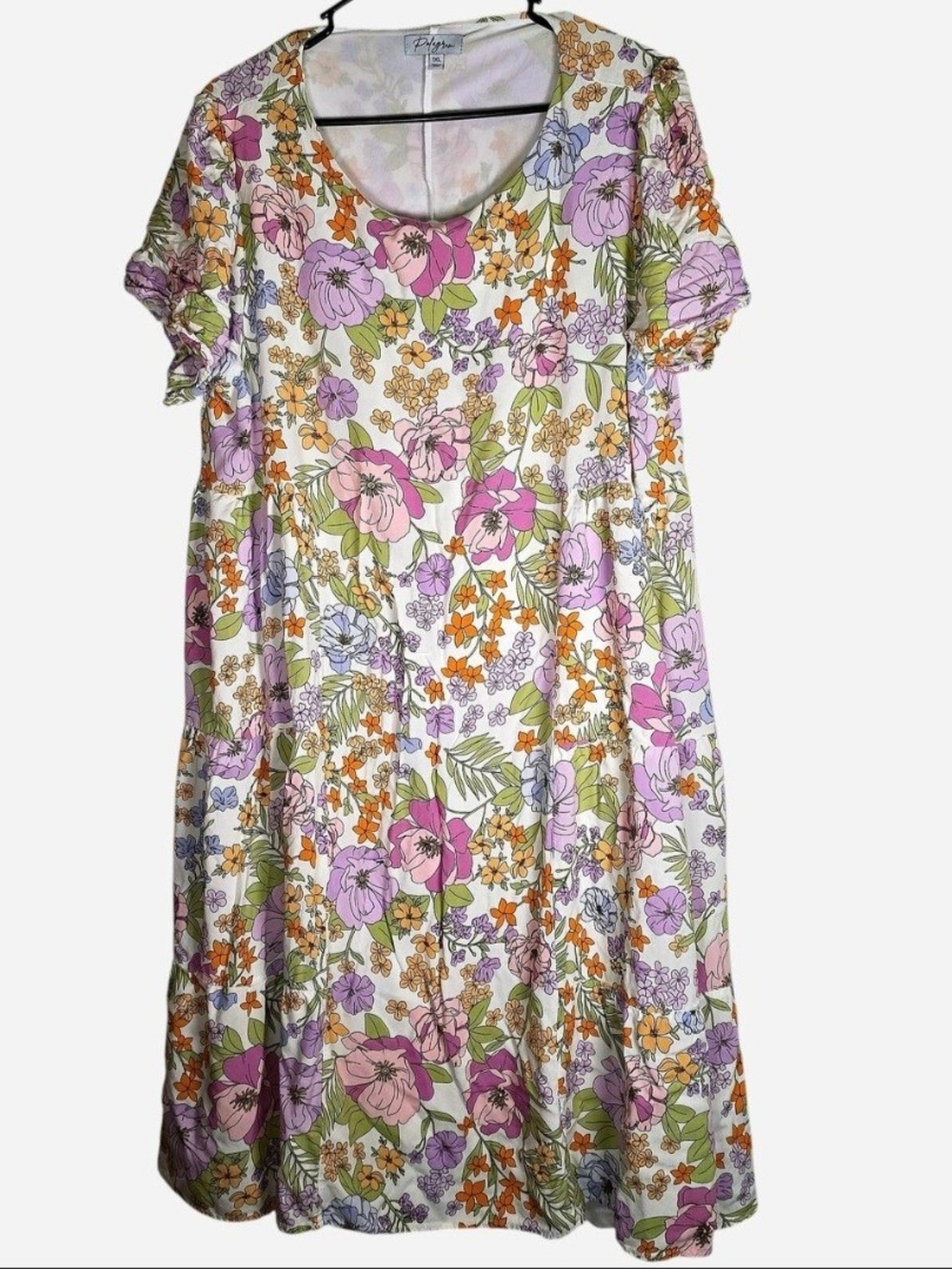Polagram Floral Midi Dress White & Purple Like New Plus Suze 1xl